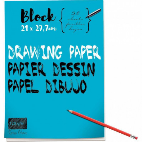 BLOC DE 40 PAGES DE PAPIER DESSIN BLANC 120 G FORMAT 21X29,7 CM