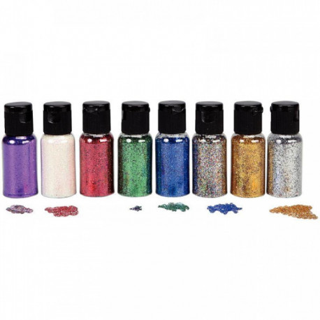 LOT DE 8 SALIÈRES DE PAILLETTES DE 20 GRAMMES, COULEURS ASSORTIES