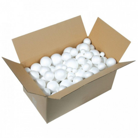 BOULES POLYSTYRÈNE BLANCHES CARTON DE 100- 5 DIAMÈTRES ASSORTIS 30/50/60/70/80MM