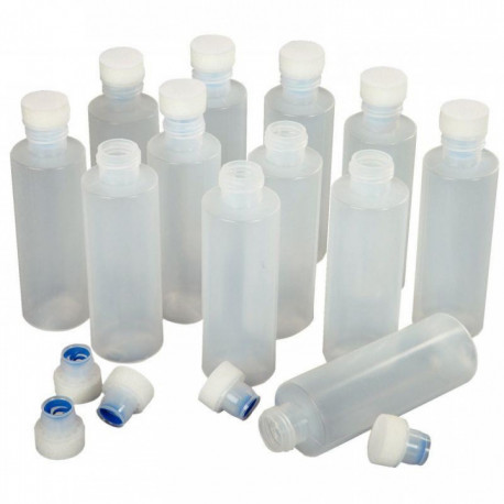 LOT DE 12 FLACONS 125ML EN PLASTIQUE SOUPLE ET TRANSPARENT AVEC BOUCHON MOUSSE