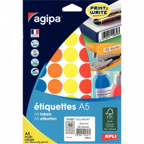 ÉTIQUETTES RONDES **ETUI DE 280** PASTILLES ADHÉSIVES DIAM. 24MM COLORIS ASSORTI