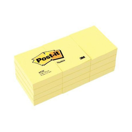 BLOC REPOSITIONNABLE 38X51 JAUNE *PQT12  100F POST-IT 653E  POSTIT 23818PEFC NOTE