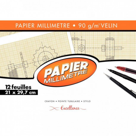 POCHETTE DE 12 FEUILLES DE PAPIER MILLIMÉTRÉ, 90G FORMAT 21X29,7 CM EXCELLENCE