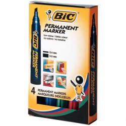 BOÎTE DE 4 MARQUEURS BIC PERMANENT POINTE BISEAUTÉE ASSORTIS BLEU, NOIR, ROUGE, VERT