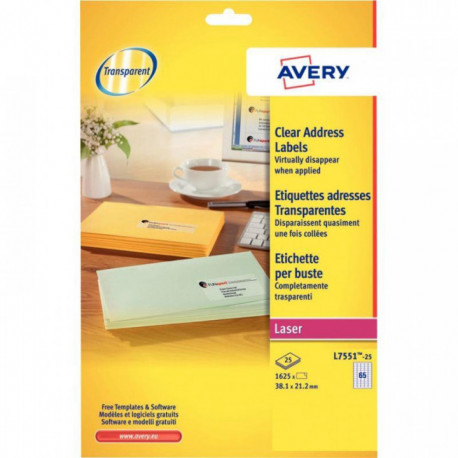 ÉTIQUETTES **ETUI DE 1625** MINI LASER TRANSPARENTES FT 38.1x21.2 AVERY L7551-25