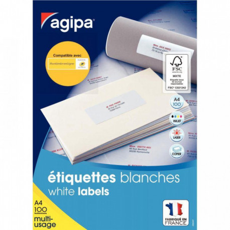 ETIQUETTE 105X57 MULTI-USAGE PLANCHE A4  BTE1000 AGIPA 119013