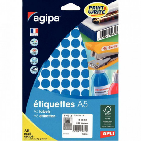 ÉTIQUETTES 15MM *BLEU* RONDE *ETUI DE 960* PASTILLES ADHÉSIVES  AGIPA 114312