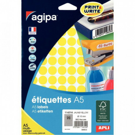 ÉTIQUETTES RONDE D 15 MM JAUNE POCH. 960  AGIPA 114314 114314