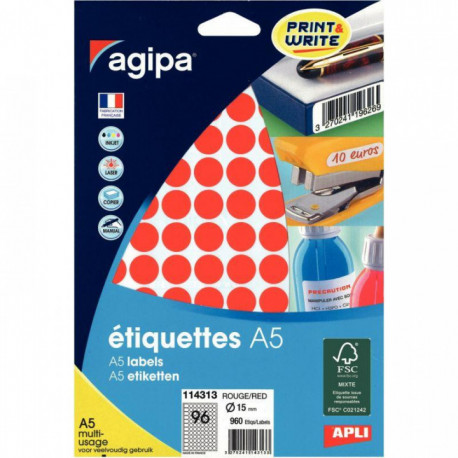 ÉTIQUETTES RONDE D 15 MM ROUGE POCH. 960  AGIPA 114313 114313