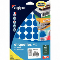 ÉTIQUETTES RONDES **ETUI DE 400** PASTILLES COULEUR DIAM 24MM BLEU AGIPA 114322