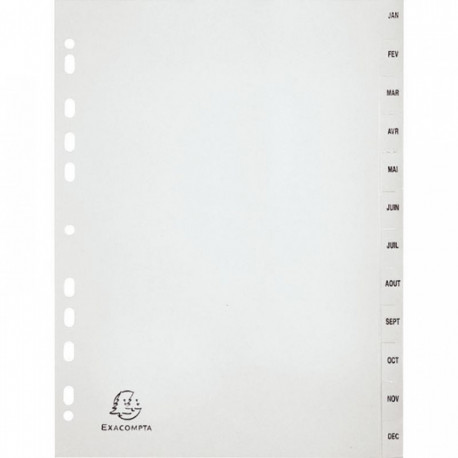 JEU DE 12 INTERCALAIRES MENSUELS EN POLYPROPYLÈNE GRIS RECYCLÉ, FORMAT A4
