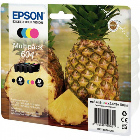 LOT DE 4 CARTOUCHES JET D''ENCRE EPSON '604' PETITE CAPACITE T10G640 NOIR 150P & COULEURS 130P