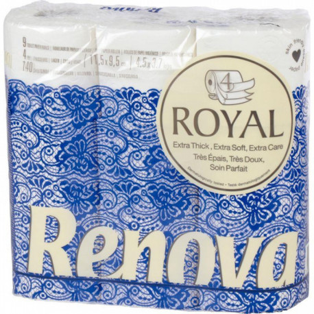 PAPIER HYGIÉNIQUE PQT9 4 PLIS 140F  TRES DOUX ROYAL RENOVA FABRIQUE EN France 