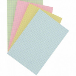 PAQUET DE 100 FICHES BRISTOL NON PERFORÉES QUADRILLÉES 5X5 FORMAT 100 X 150 MM ASSORTIS (BLEU, JAUNE, ROSE, VERT PASTEL)