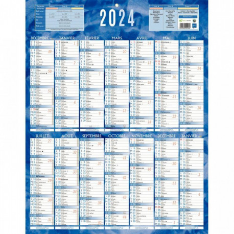 CALENDRIER ANNUEL 1 FACE 55X43CM BLEU 14 MOIS