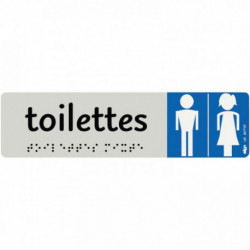 PLAQUE ALUMINIUM DE SIGNALISATION AVEC TEXTE EN BRAILLE TOILETTES HOMMES FEMMES 170 X 45 MM