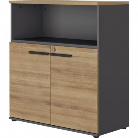 RANGEMENT MI-HAUT L80CM 2 PORTES 1 NICHE CONNEXION CHÊNE DU BOCAGE/ANTHRACITE