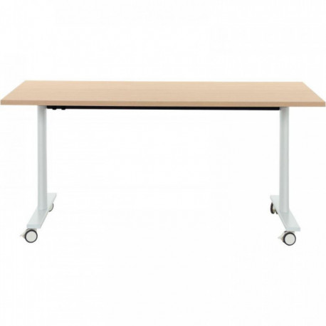 TABLE DE RÉUNION MOBILE RABATTABLE L140CM CONNEXION PLATEAU CHÊNE STRUCTURÉ/PIÈTEMENT BLANC