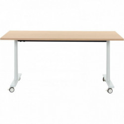 TABLE DE RÉUNION MOBILE RABATTABLE L180CM CONNEXION PLATEAU CHÊNE STRUCTURÉ/PIÈTEMENT BLANC